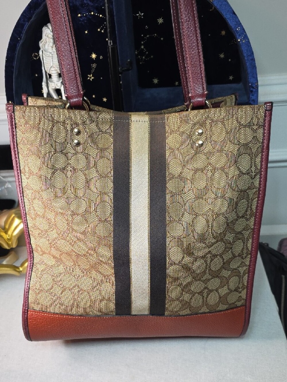 Coach Dempsey Signature Tote with Orange Medallion and Burgundy Trim - Picture 3 of 11